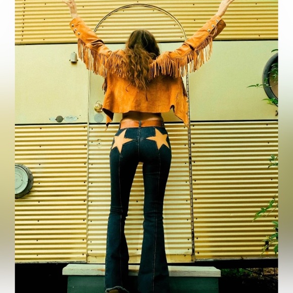 baelevy Denim - BAELEVY NWT faux dude star flare pants -blue/tan -large